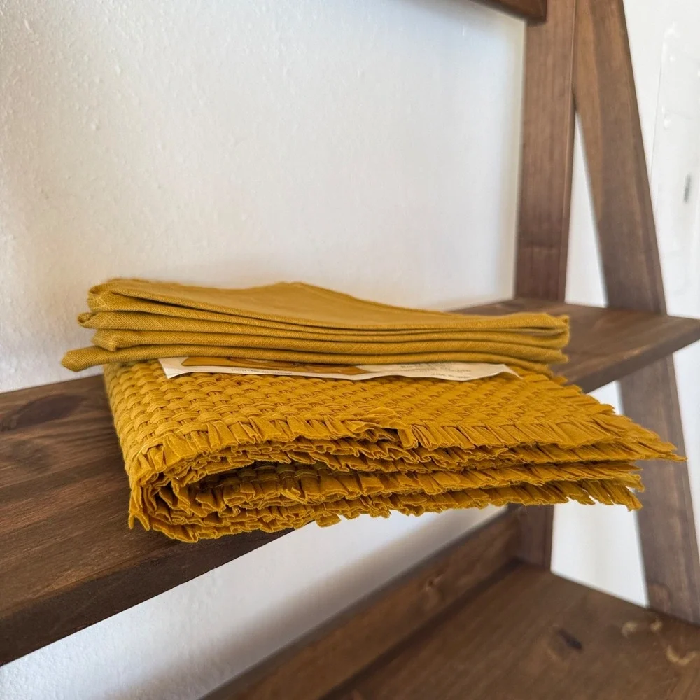 8pc‎ Vintage Japanese MCM Woven Placemats Napkins Set 4 Mustard Gold